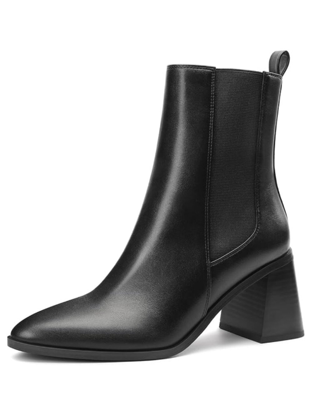 Womens Chelsea Ankle Boots Pointed Toe Chunky Block Heel Tall Shaft Faux Leather